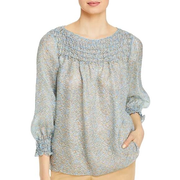 Lafayette 148 New York Silk Blend Paley Jacquard Long Sleeve Top Blue Cream XS - Picture 1 of 16